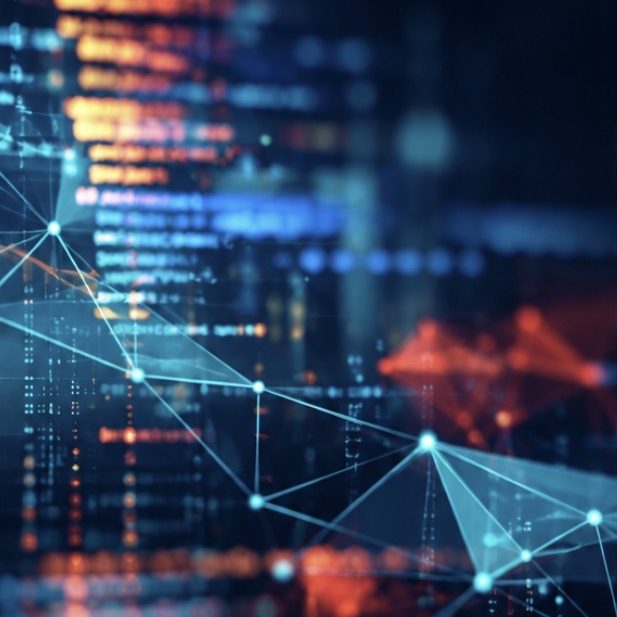 Abstract network of glowing connected nodes over lines of code